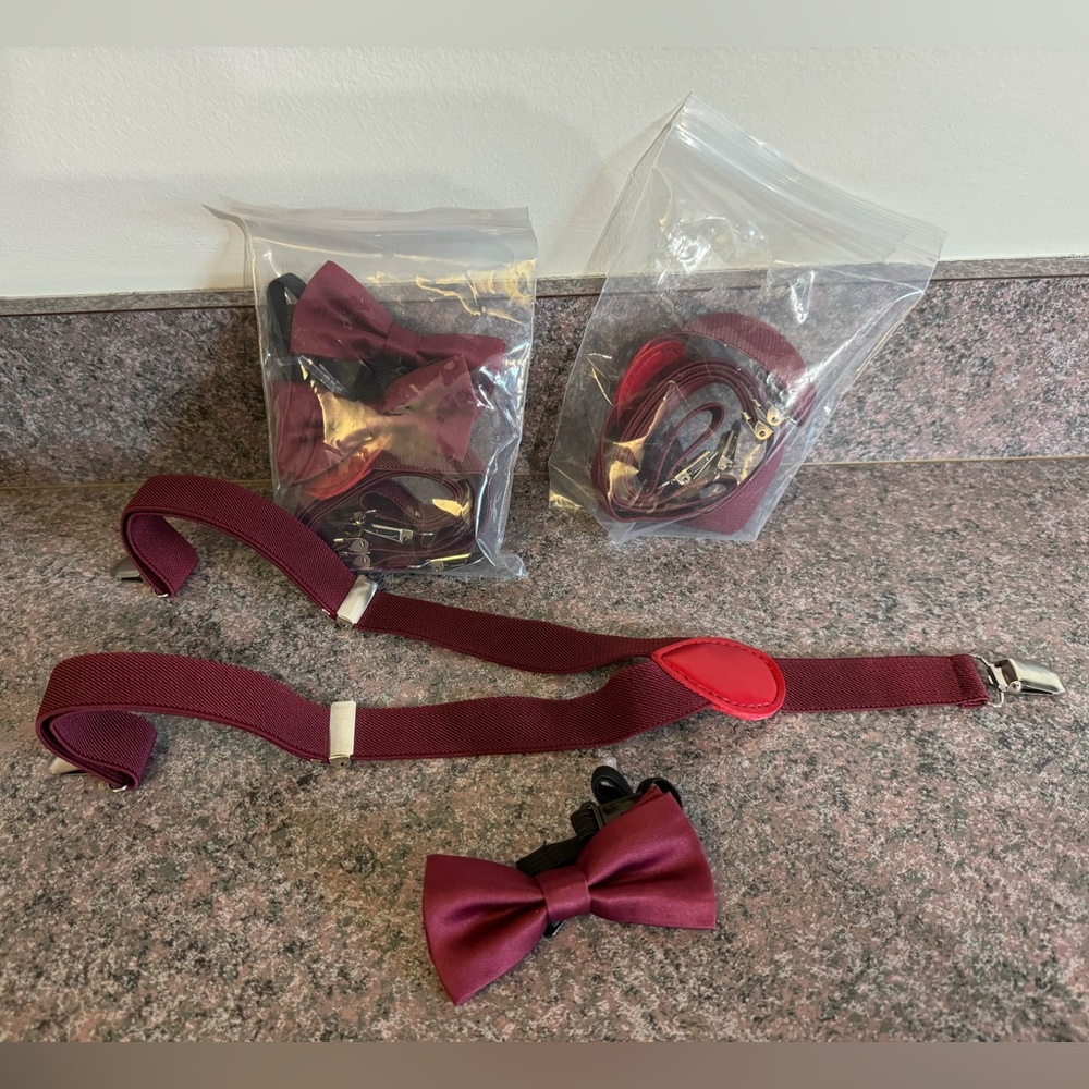 Boys Burgundy Suspenders and Bow Tie, 3 Sets
